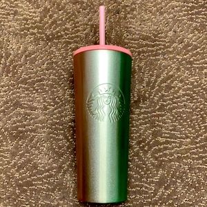 Pink and green Starbucks metal reusable cup